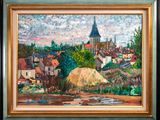 an oil painting of a village with a church in the background
