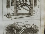 an old book with a drawing of a man on a horse and a man on a horse