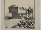 un vieux dessin représentant un homme à cheval tirant un bateau