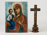 an image of a painting of a woman holding a child next to a cross