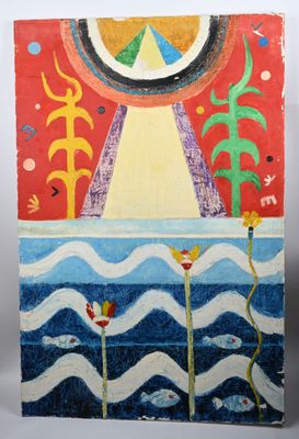 an image of a painting of a sun over a body of water