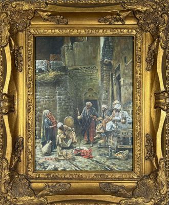une image représentant un tableau montrant un groupe de personnes devant un bâtiment