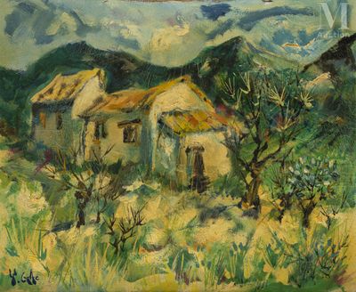 an oil painting of a house in a field with mountains in the background