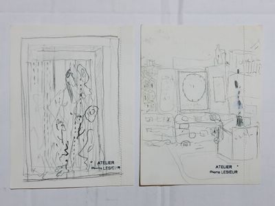 two drawings of a woman standing in a doorway and a man sitting in a chair