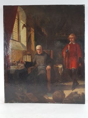 an old painting of two men in a room with a cat