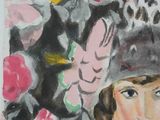a painting of a woman wearing a hat with flowers in the background