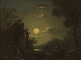 un tableau représentant une ferme de nuit, avec la pleine lune dans le ciel