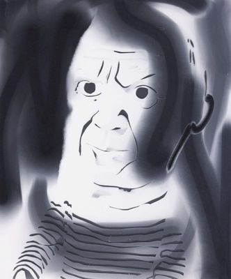 un dessin en noir et blanc représentant un homme en chemise rayée