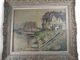 an image of a painting of a house by a body of water
