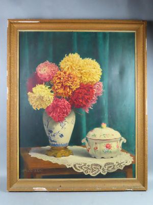 a picture of a painting of flowers in a vase on a table