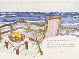 un tableau représentant une chaise et une corbeille de fruits posés sur une table