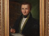a painting of a man in a black coat holding a book