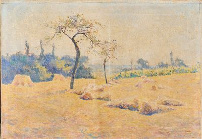 une image représentant un tableau d'un champ avec du foin et des arbres