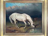tableau représentant un cheval blanc buvant l'eau d'un ruisseau dans un champ