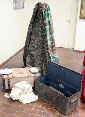 une valise et d'autres objets posés par terre dans une pièce