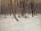 painting of a snowy landscape with trees in the foreground and the sun in the distance