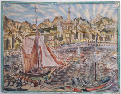 un tableau représentant un bateau sur l'eau près d'une ville