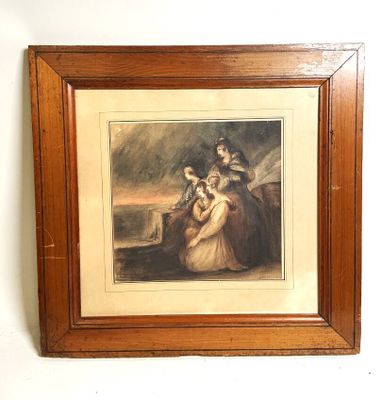 painting of a woman and child in a landscape with a dog