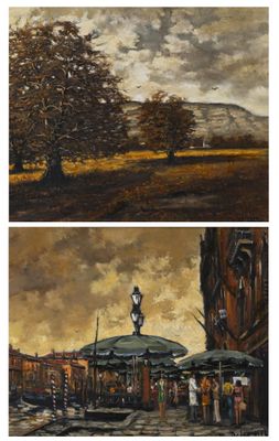four paintings of a city street with a clock tower and a tree