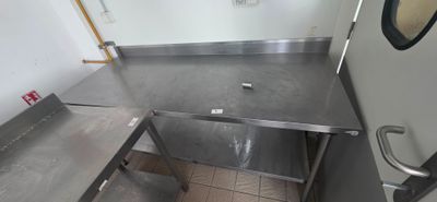 a stainless steel counter in a kitchen with a sink