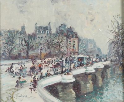 tableau représentant un tableau où l'on voit des personnes marchant sur un pont au-dessus d'une rivière