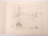 an open book with a drawing of a boat in a body of water
