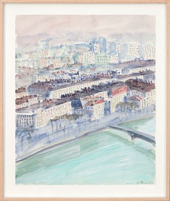une aquarelle représentant une vue de ville avec des bâtiments et un pont