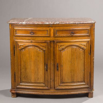 an old wooden cabinet with marble top and drawers