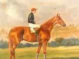 une peinture représentant un homme à cheval dans un champ