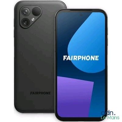 the front and back of a black smartphone with the fairphone logo on it