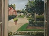 un tableau représentant une vue sur un jardin depuis une fenêtre