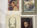 four framed pictures of a woman in a hat and a woman in a dress