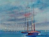 une peinture représentant un voilier naviguant sur l'océan