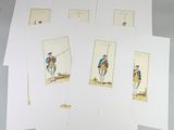 quatre cartes représentant un homme en manteau bleu, un homme en manteau rouge, un homme en manteau bleu et un homme en manteau blanc