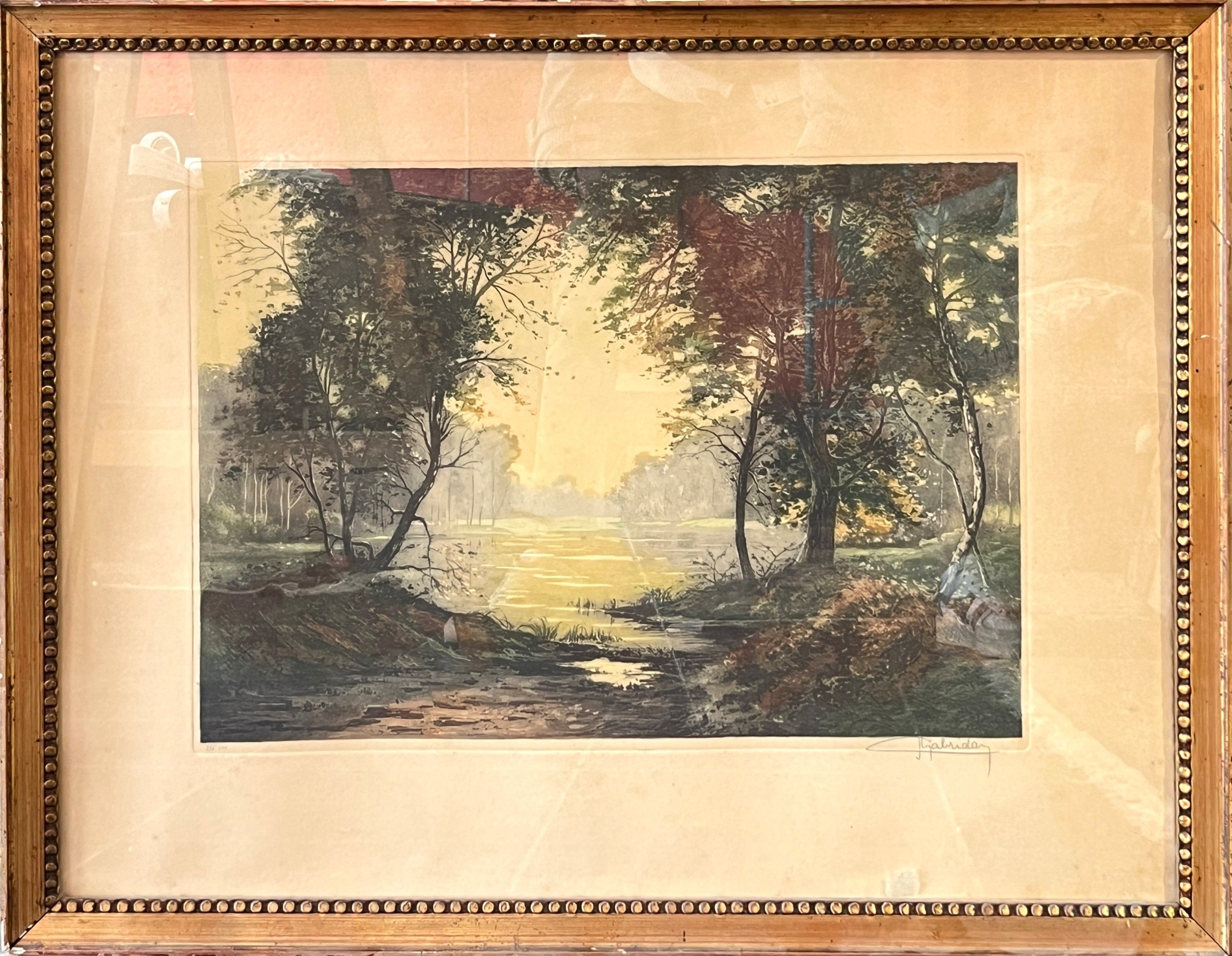Paysage lacustre. Aquatinte. Signé au crayon en bas à droite et justifié 396/500. 49 x 64 cm (à vue). Rousseurs. Cadr...