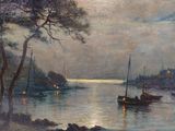 an image of a painting of boats on a river at night