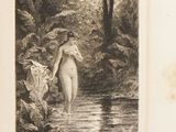 a drawing of a nude woman walking in a stream