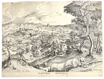 drawing of a view of a town with a river and a village