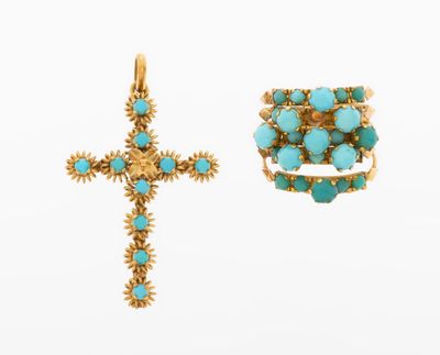 an image of a cross and a ring with turquoise stones
