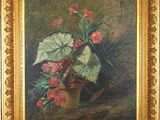 an oil painting of a potted plant with pink flowers in it