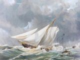an image of a painting of a sailboat in rough water