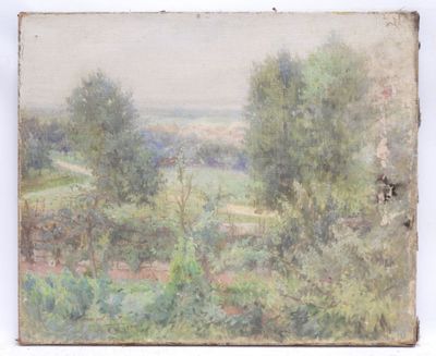 an image of a painting of a landscape with trees in the foreground