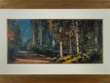 painting of a path in a forest with trees in the foreground