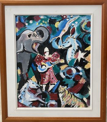 tableau représentant une femme jouant de la guitare devant un groupe d'animaux