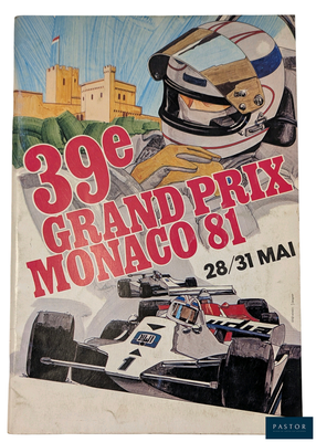 une affiche représentant une voiture de course sur laquelle est posé un casque