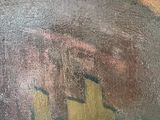a close up of a painting of a man holding a baseball bat