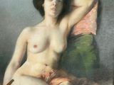 a painting of a woman sitting on a bed with a knife in her hand