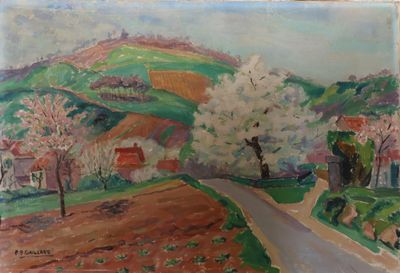 une peinture à l'huile représentant une route de campagne avec une ferme en arrière-plan