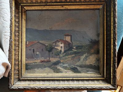 un tableau représentant un homme tenant une photo dans un cadre