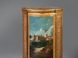 une image représentant un tableau posé sur un support en bois, avec, en arrière-plan, un tableau représentant un château